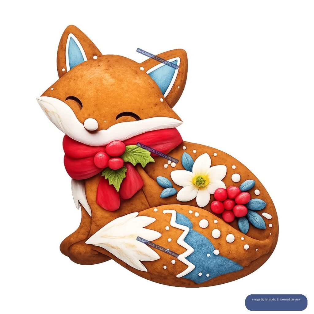 Decorated gingerbread fox wearing a red scarf, with holly, berries, blue icing, and a white flower motif.