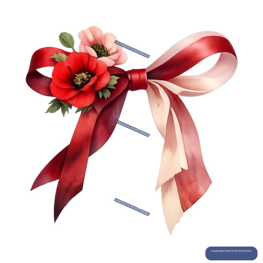 Red and blush flowers with green leaves attached to looping burgundy, red, pink, and cream ribbons.