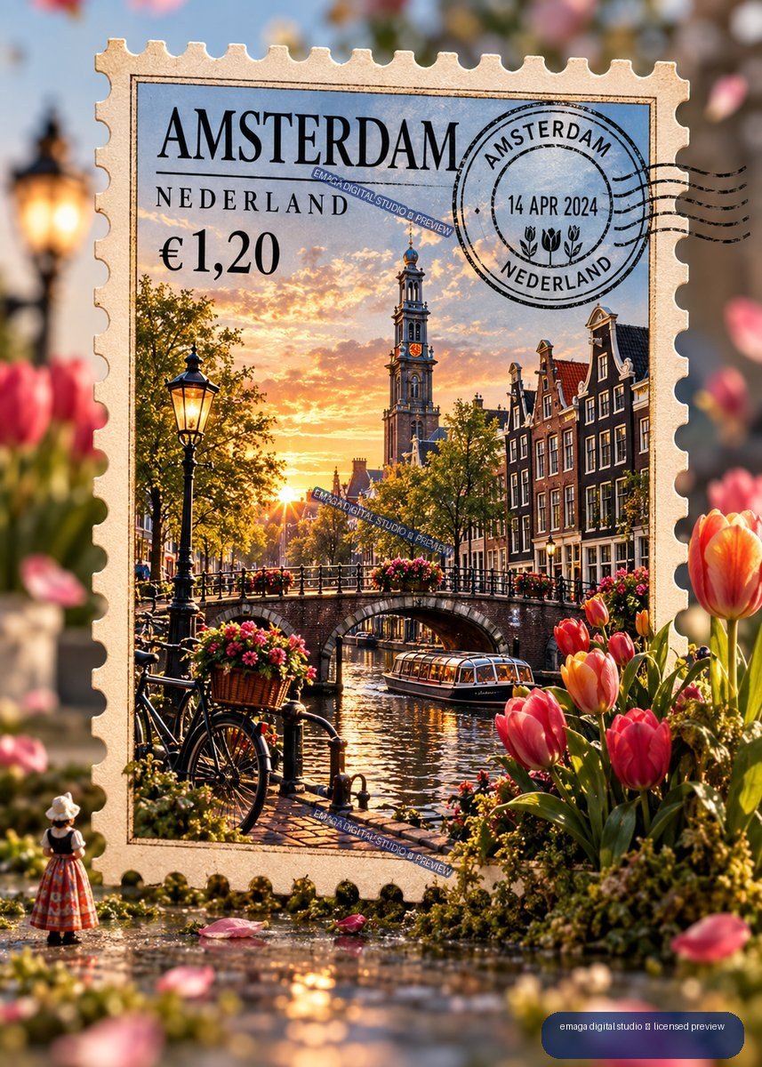 Decorative Amsterdam stamp showing a canal, bridge, historic buildings, boat, bicycle, tulips, and a 14 APR 2024 postmark.