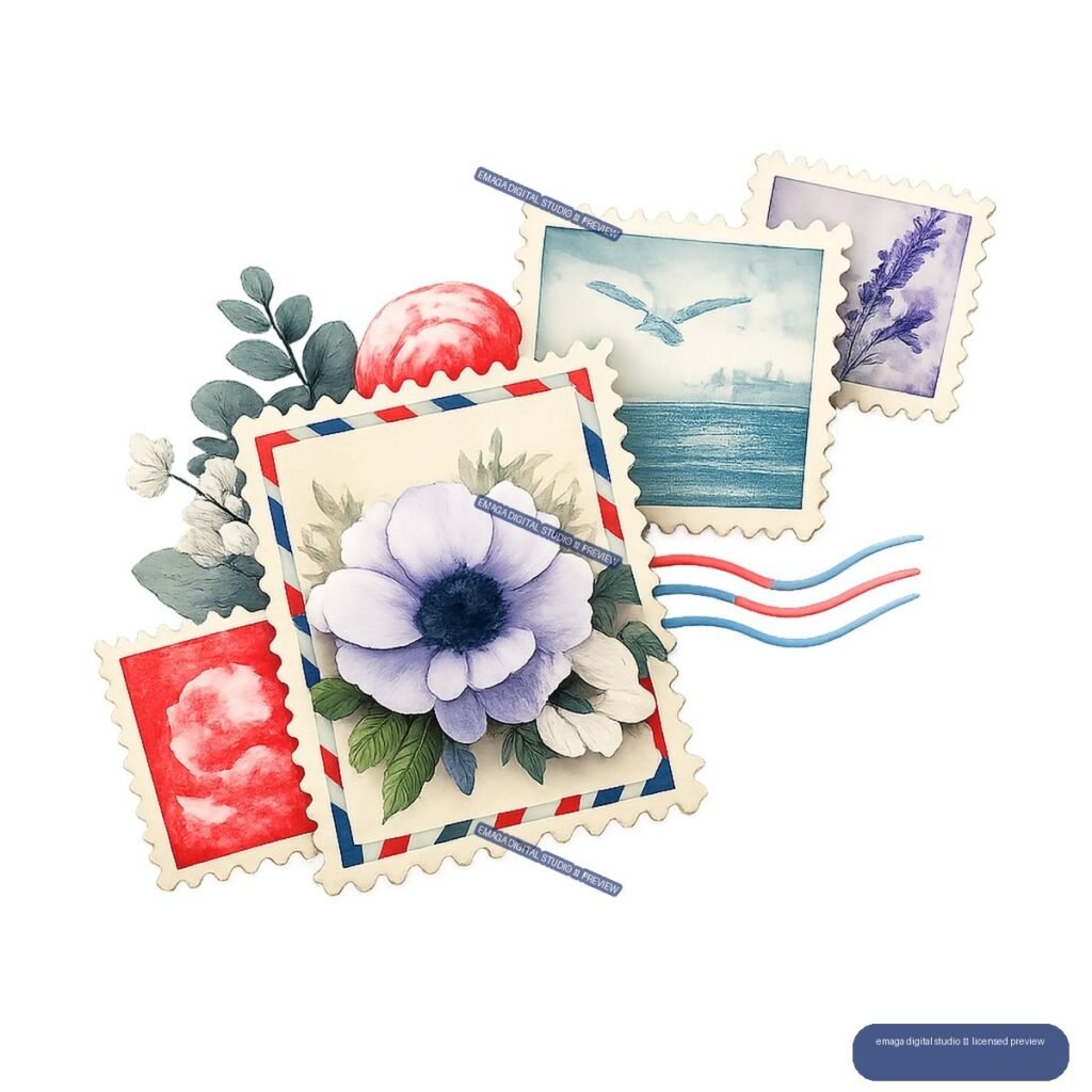 Watercolor collage of overlapping scalloped postage stamps with flowers, a seascape, botanical imagery, and red and blue postmark lines.