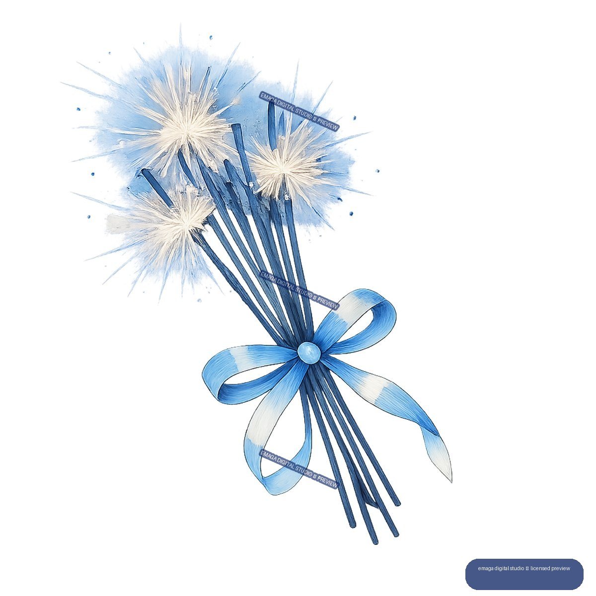 Three white dandelion seed heads on blue stems gathered with a flowing blue ribbon.