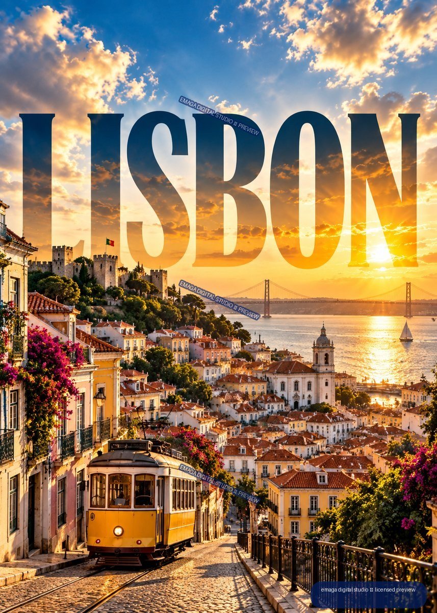 Vertical Lisbon cityscape at sunset with a yellow tram, hilltop castle, river, suspension bridge, and large LISBON lettering.