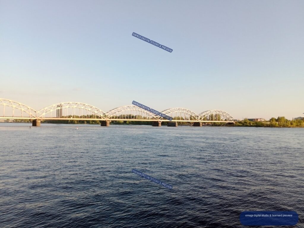 Arched railway bridge over the Daugava River in Riga, Latvia