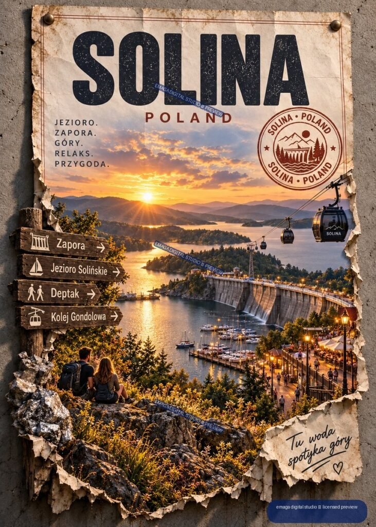 Vintage travel poster for Solina, Poland, showing a sunset lake, dam, gondola lift, marina, directional signs, and two hikers.