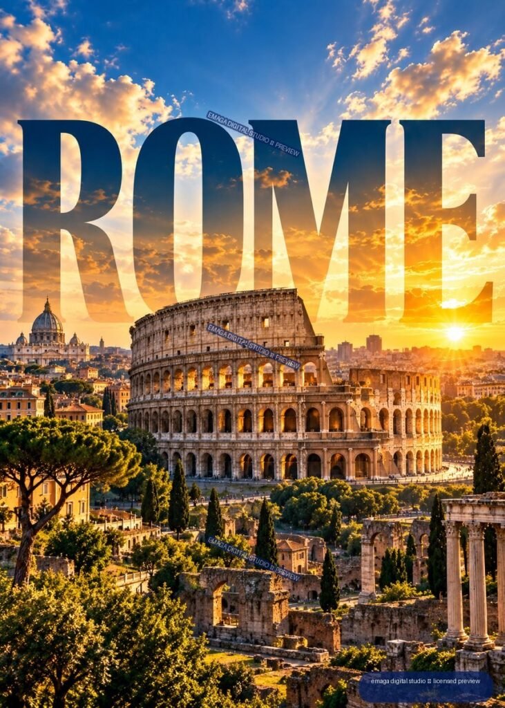 Rome cityscape at sunset with the Colosseum, ancient ruins, St. Peter’s Basilica, and large translucent ROME lettering.