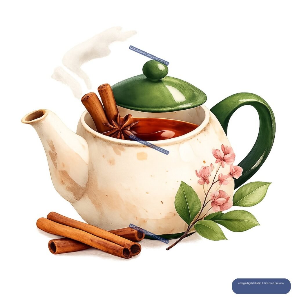 Cream teapot with green lid and handle, filled with tea and spices, beside cinnamon sticks and a pink flowering branch.