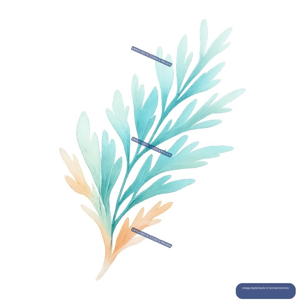Translucent aqua, turquoise, mint, peach, and orange seaweed frond branching diagonally upward.