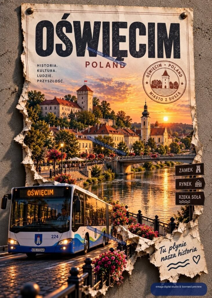 Vintage Oświęcim Poland travel poster showing a castle, riverside town, sunset, bus, and directional signs.