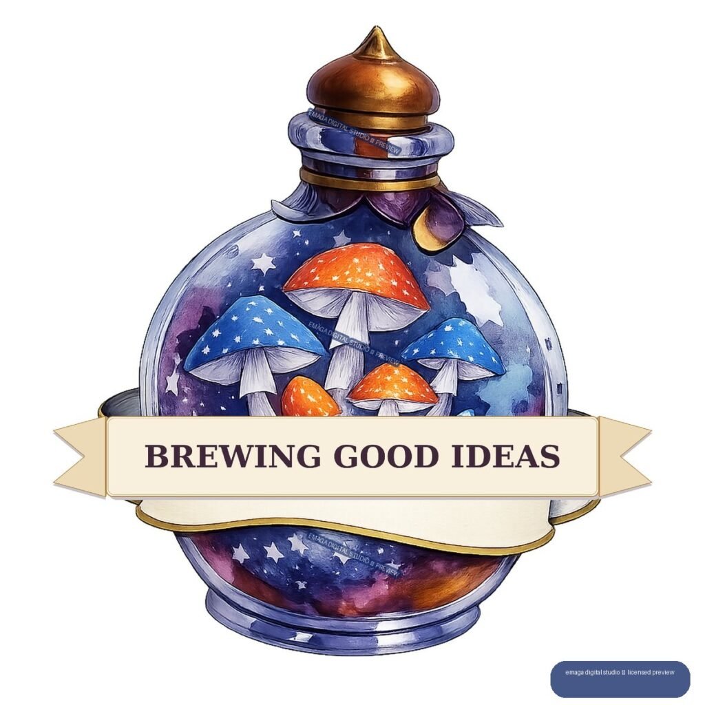 Illustrated blue-violet apothecary bottle filled with starry orange and blue mushrooms, topped with a copper cap and crossed by a banner reading “BREWING GOOD IDEAS.”