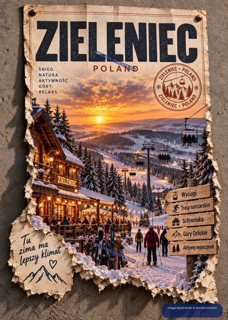 Weathered Zieleniec Poland travel poster showing a snowy ski resort, mountain sunset, ski lifts, lodge, skiers, and Polish directional signs.
