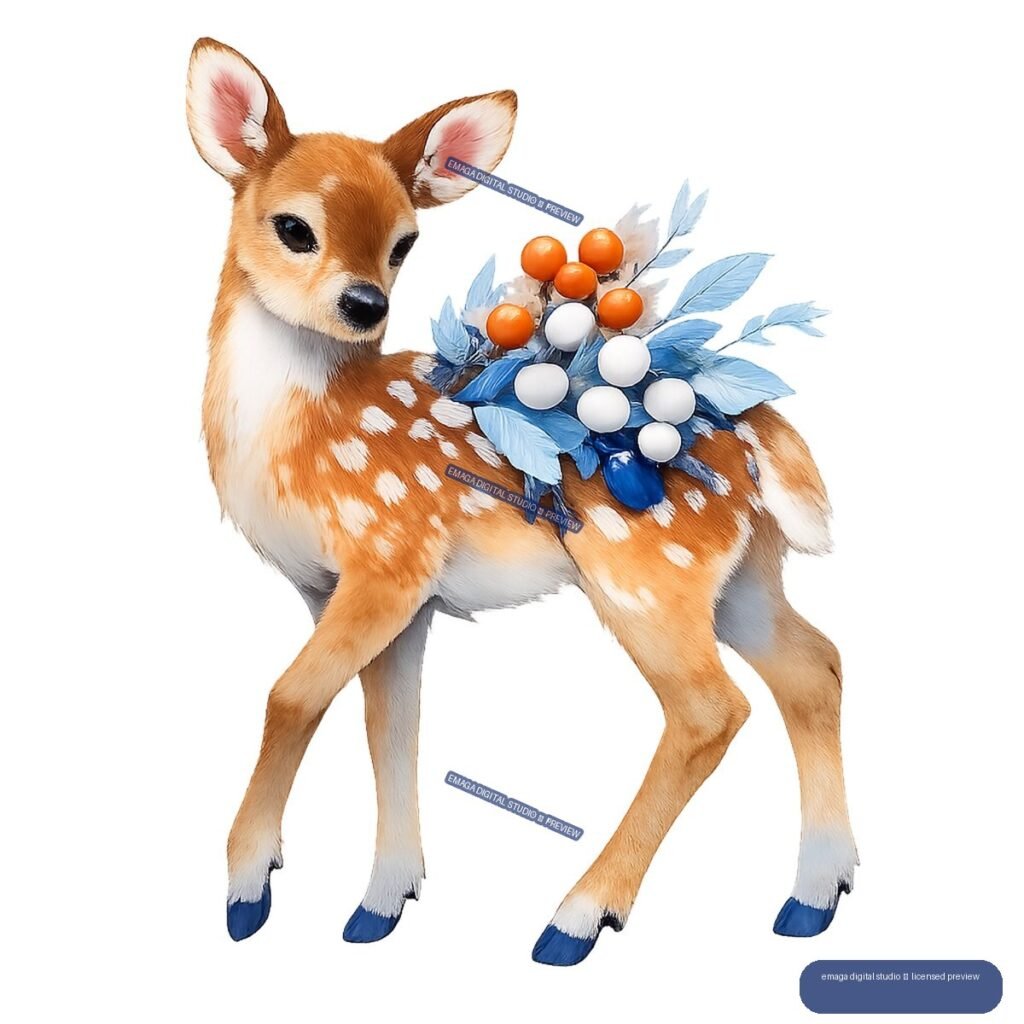 Young spotted fawn with blue leaves, orange berries, pale berries, and blue fruit arranged across its back.