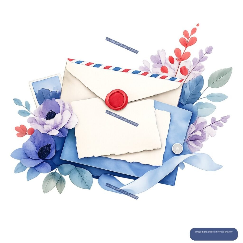 Watercolor arrangement of a sealed cream envelope, blank letter, blue and lavender flowers, red blossoms, and a curling pale blue ribbon.