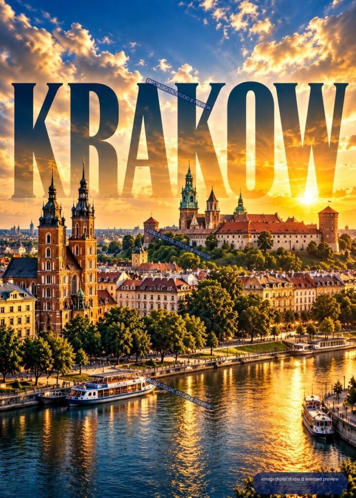 Sunset view of Krakow with Wawel Castle, church towers, river boats, and large KRAKOW lettering in the sky.