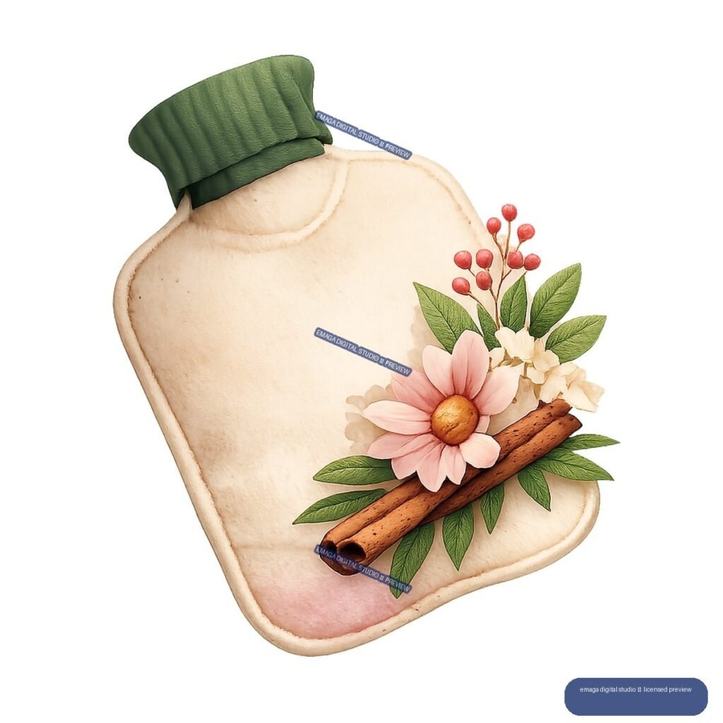 Watercolor illustration of a cream hot water bottle with a green cap, flowers, berries, leaves, and cinnamon sticks.