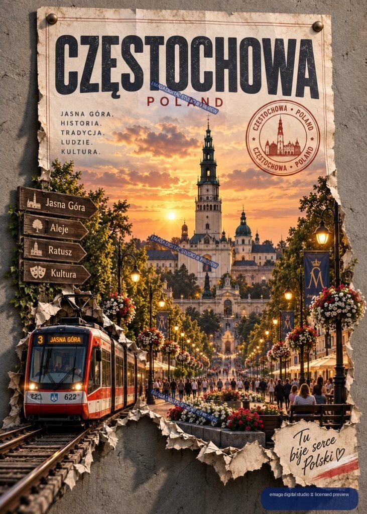Vintage travel poster for Częstochowa, Poland, showing Jasna Góra basilica at sunset, a flower-lined avenue, streetlamps, pedestrians, directional signs, and a red-and-white tram.