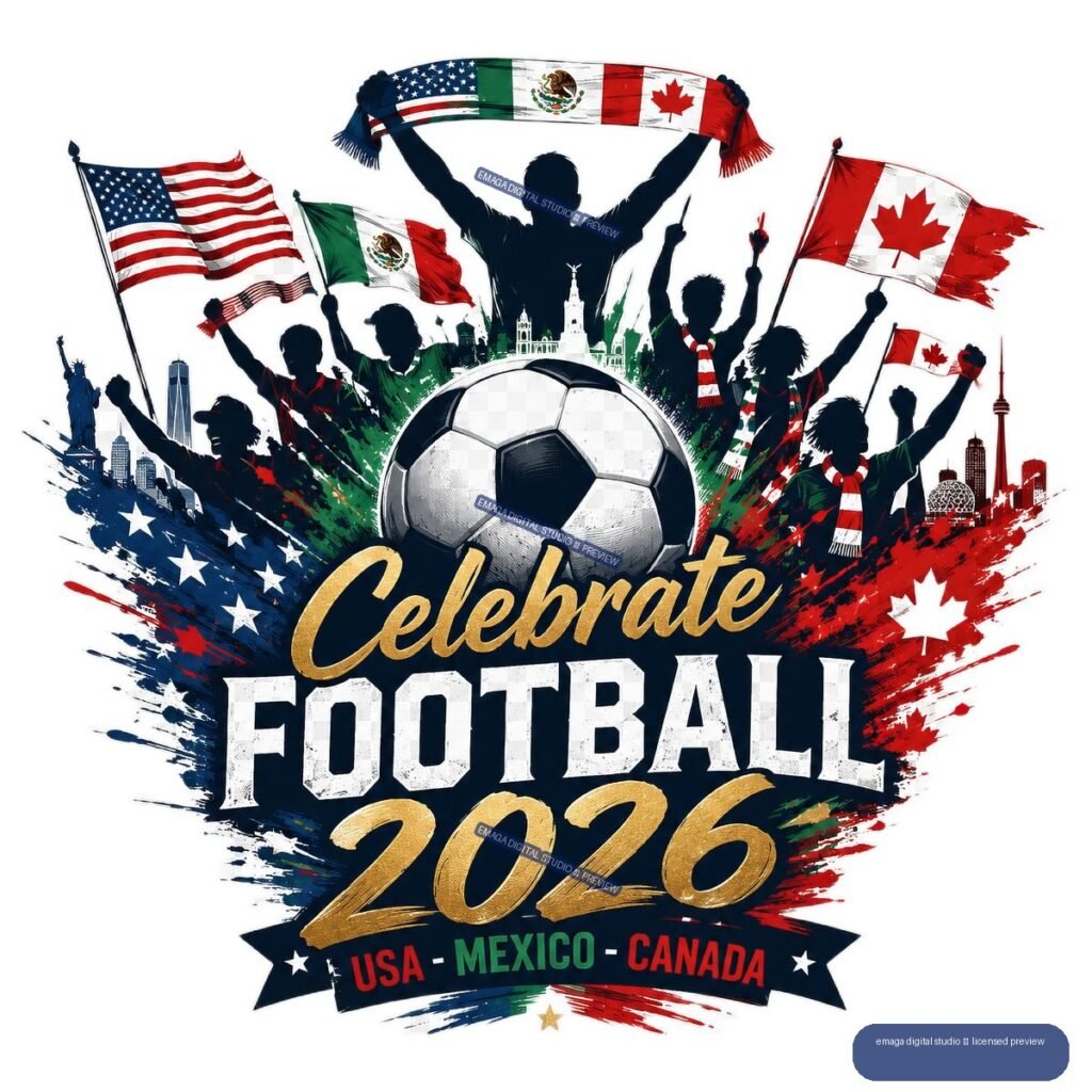 Soccer celebration graphic with a football, cheering fans, USA, Mexico, and Canada flags, city skylines, and text reading Celebrate Football 2026.