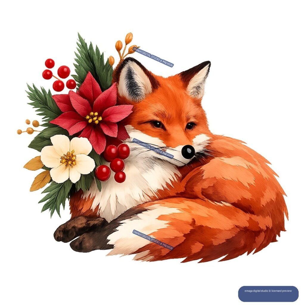 Curled orange-red fox beside a red poinsettia, evergreen sprigs, berries, and cream flowers.