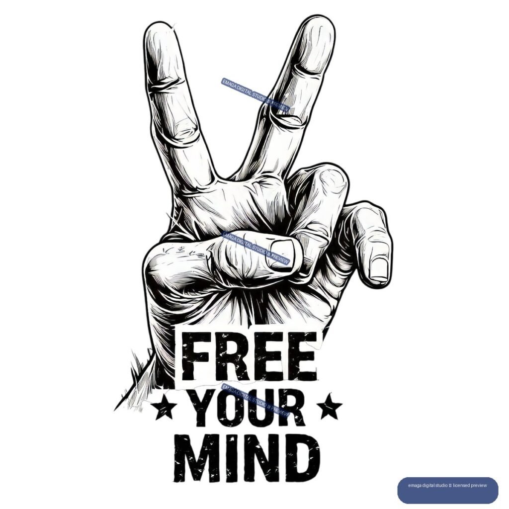 Black-and-white illustrated raised hand with two fingers extended above the words “FREE YOUR MIND,” with small stars and brush accents.