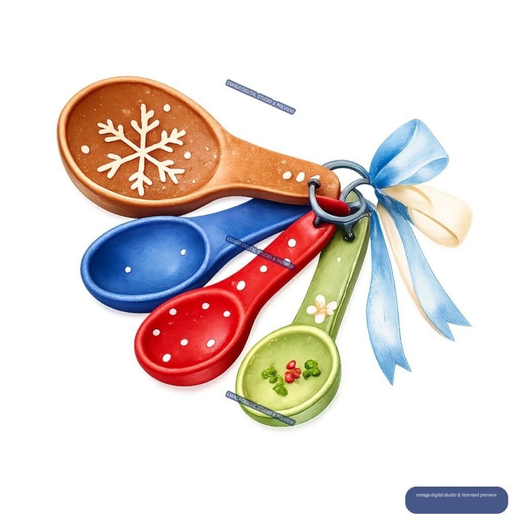 Four colorful measuring spoons with holiday decorations, tied together with blue and cream ribbons.
