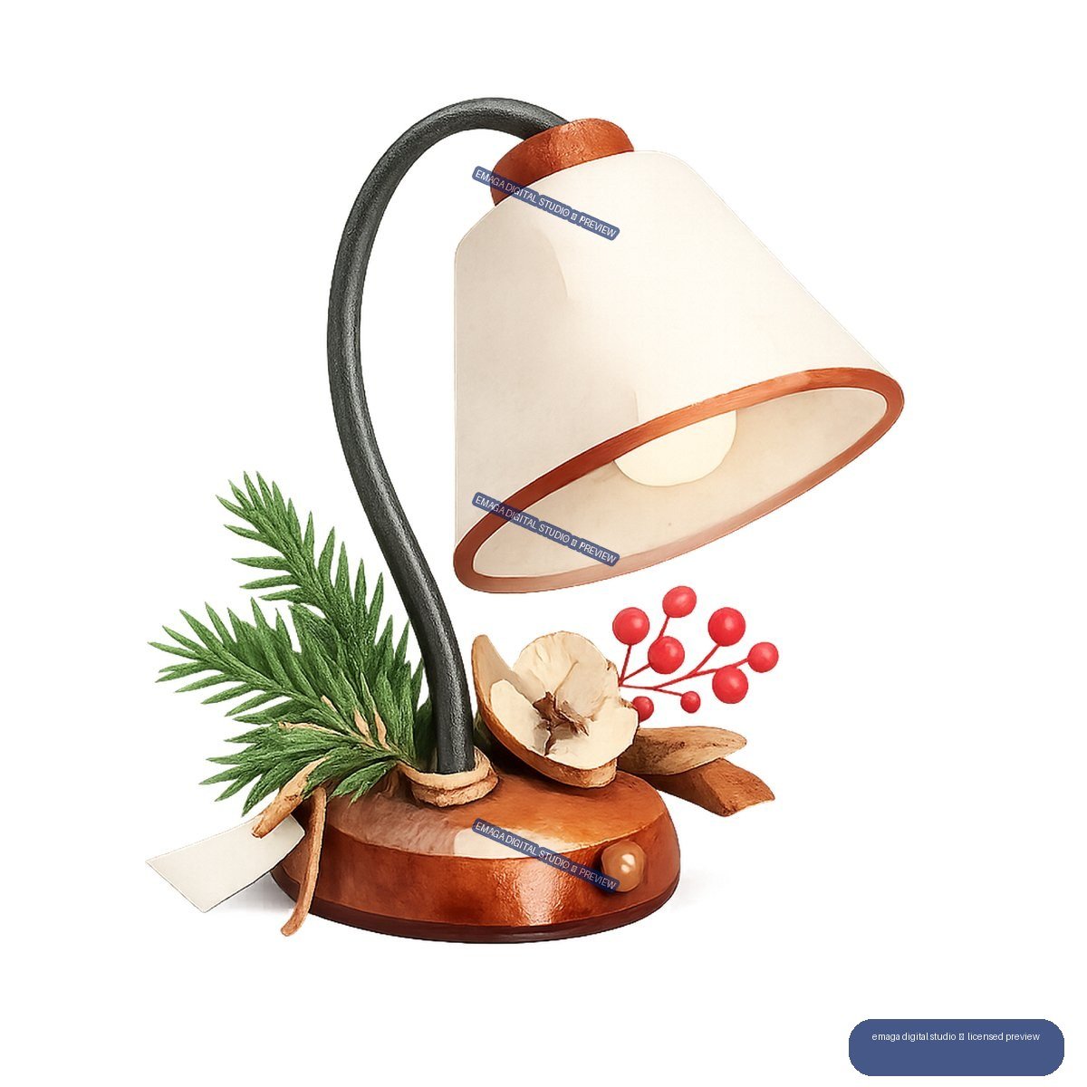 Decorated copper table lamp with a cream shade, evergreen sprigs, red berries, and dried botanicals.