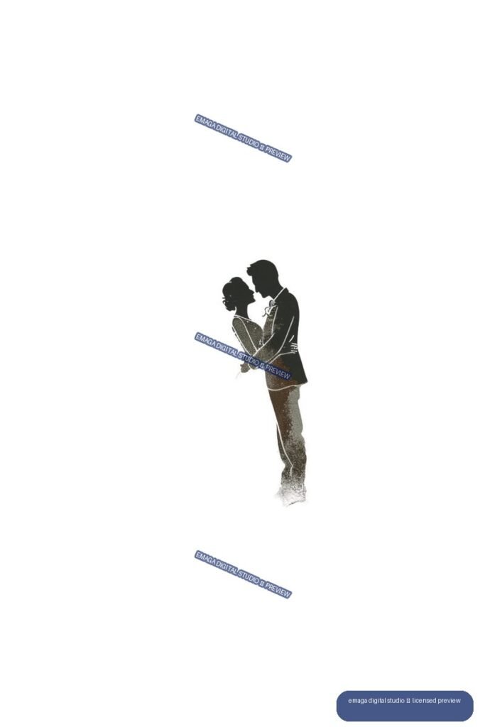 Monochrome illustration of a bride and groom embracing, isolated with generous surrounding space.