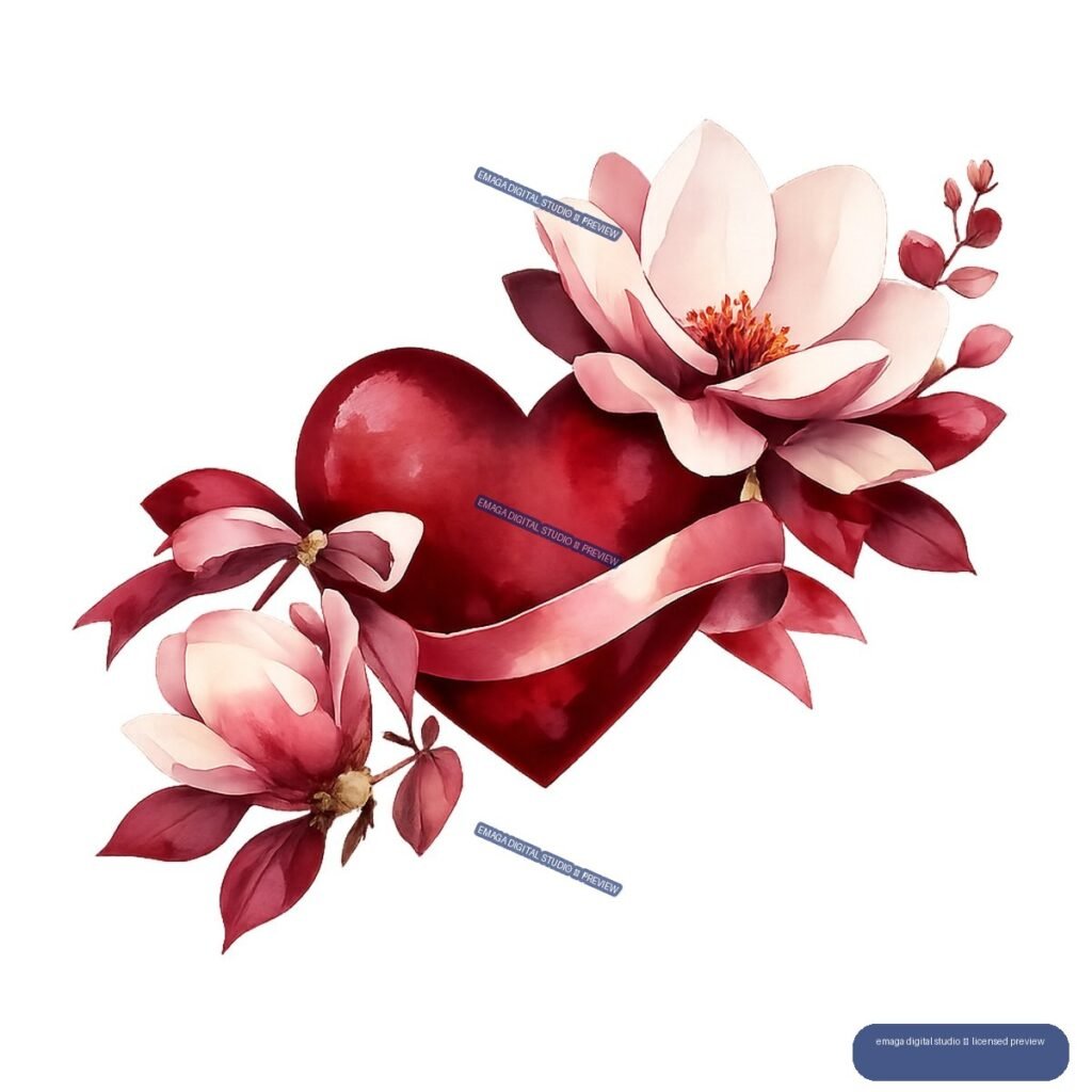 Watercolor-style red heart wrapped in a pink ribbon and surrounded by pink magnolia flowers, leaves, and berry sprigs.