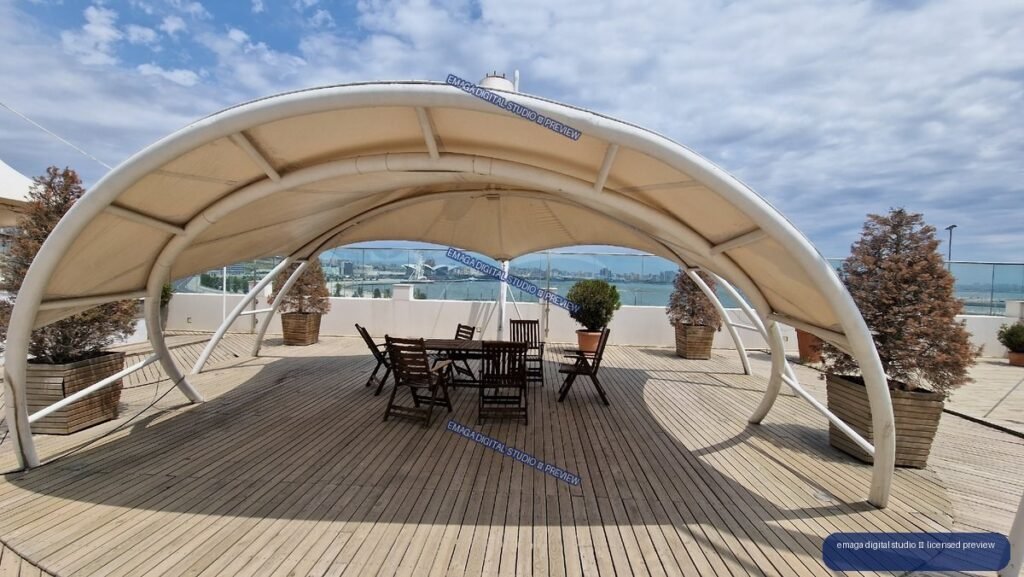 Waterfront terrace with canopy and Baku skyline, Azerbaijan