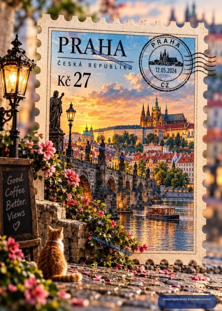 Decorative Prague postage stamp marked PRAHA and Česká Republika, showing Charles Bridge, Prague Castle, a river boat, flowers, a street lamp, and a cat.