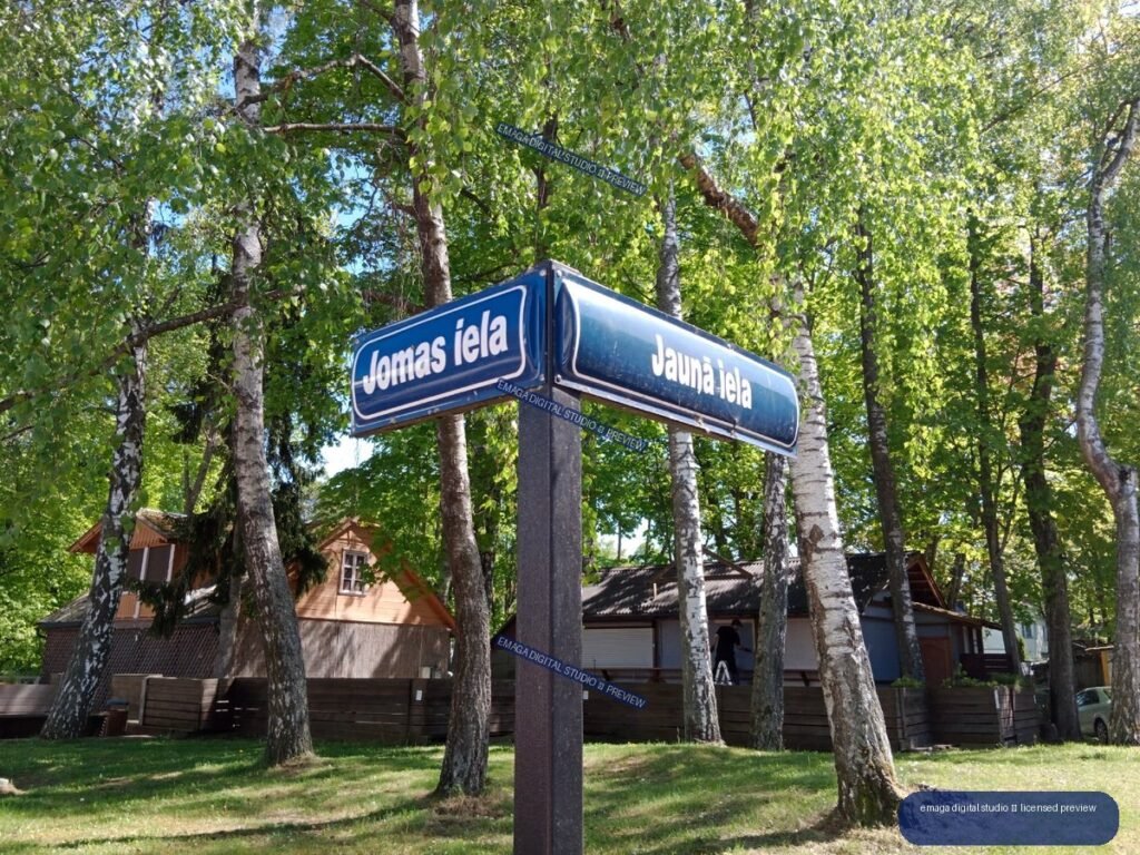 Jomas iela and Jaunā iela street signs in Jurmala, Latvia