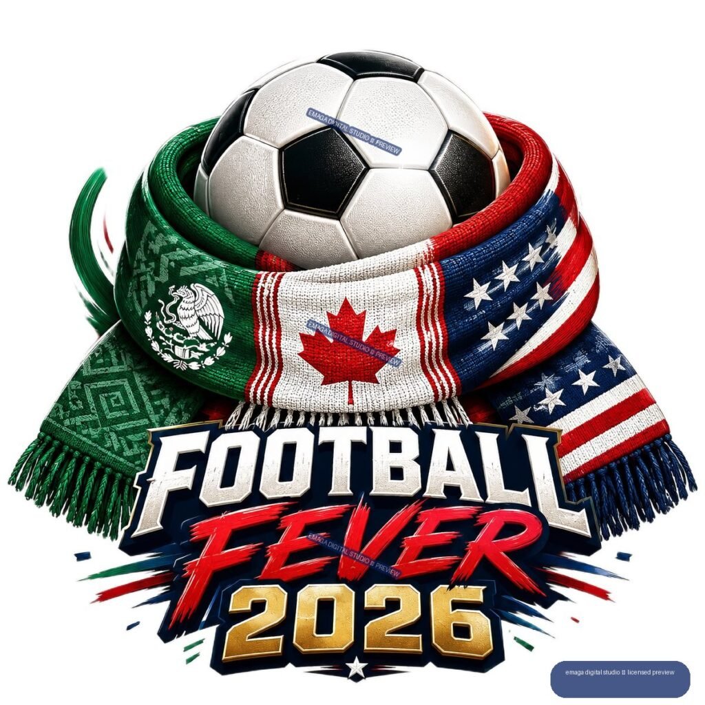 Soccer ball above colorful Mexico-, Canada-, and United States-inspired scarves with the words Football Fever 2026.