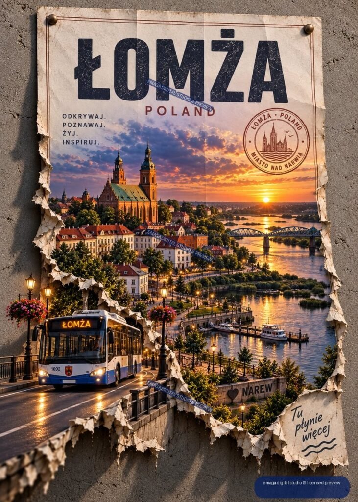 Vintage-style Łomża Poland travel poster showing a riverside city at sunset, historic towers, bridges, boats, and a city bus.