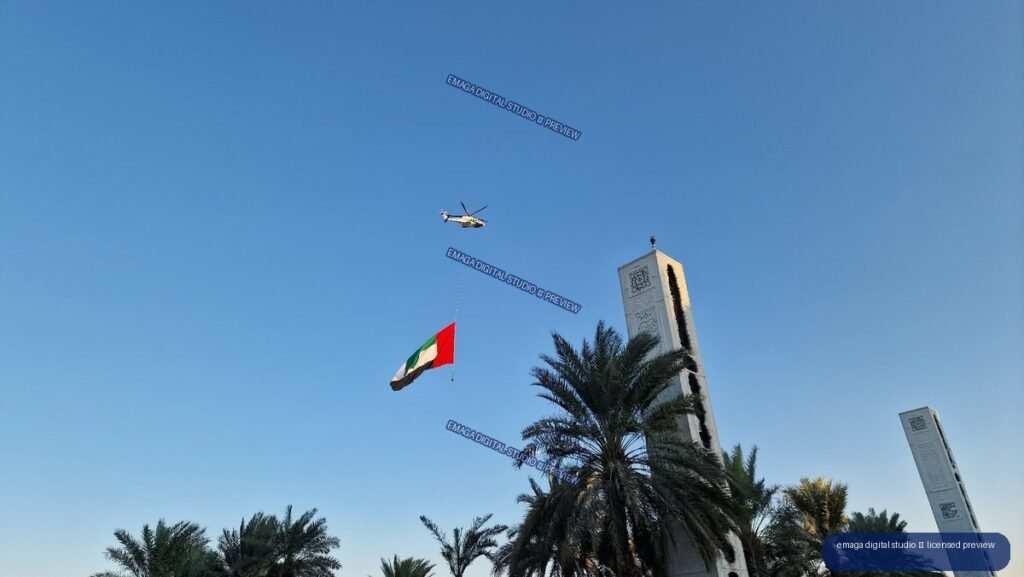 Sheikh Zayed Grand Mosque in Abu Dhabi with UAE Flag and Helicopter