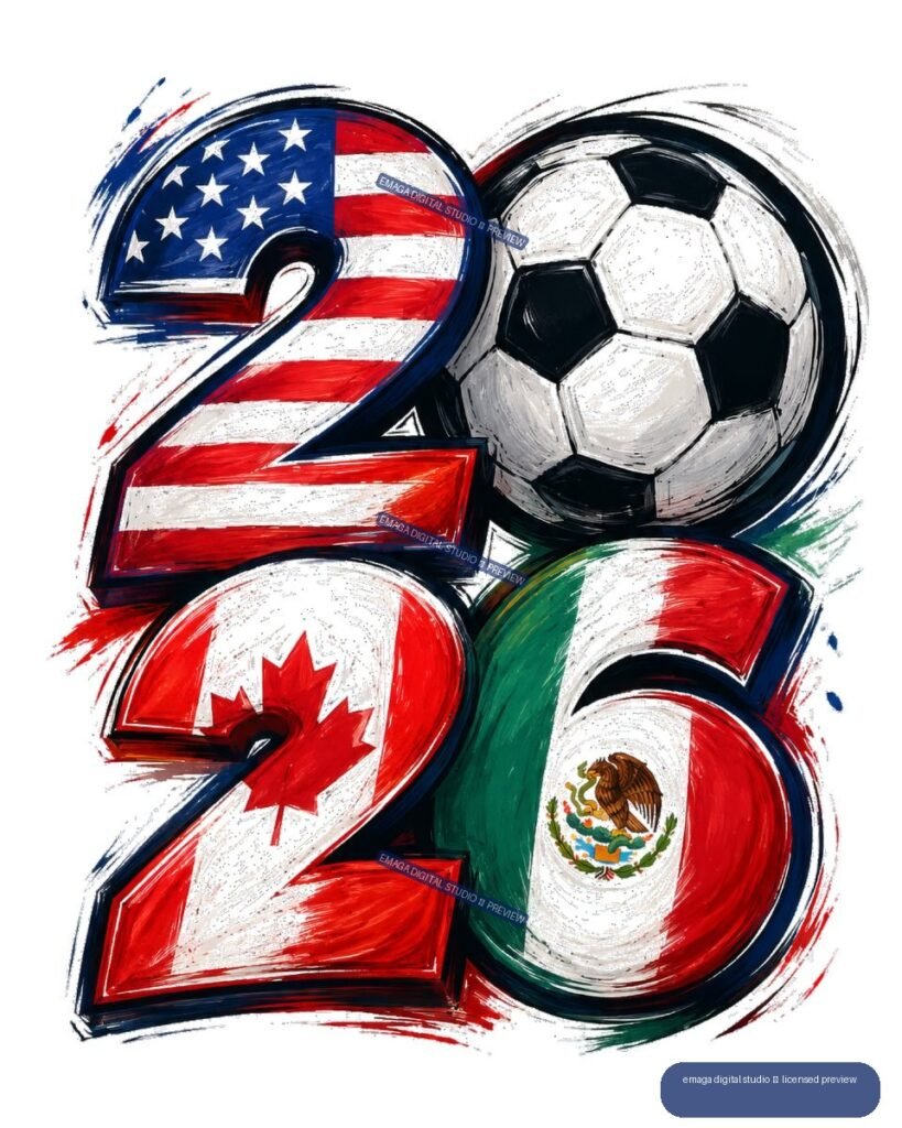 A stylized soccer ball beside large painted numerals 2026 featuring United States, Canadian, and Mexican flag motifs.