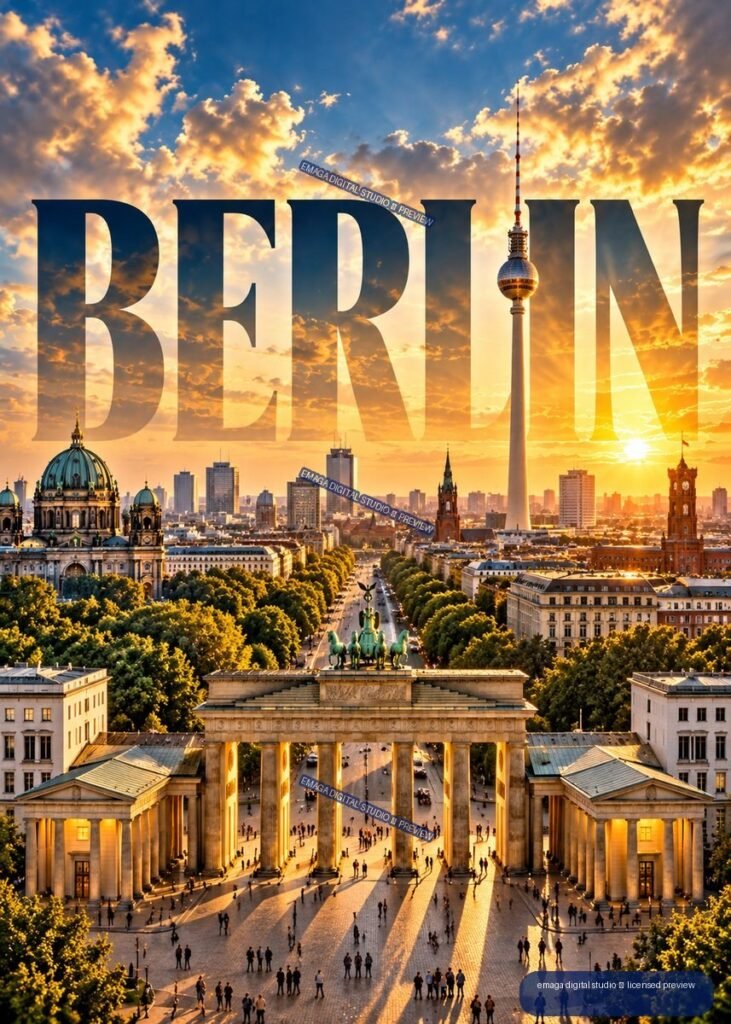 Berlin skyline at sunset with Brandenburg Gate in the foreground, Fernsehturm tower, and large BERLIN lettering across the sky.
