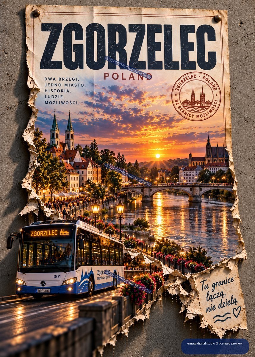 Vintage Zgorzelec Poland travel poster showing a sunset riverfront, churches, bridge, flowers, and a city bus.