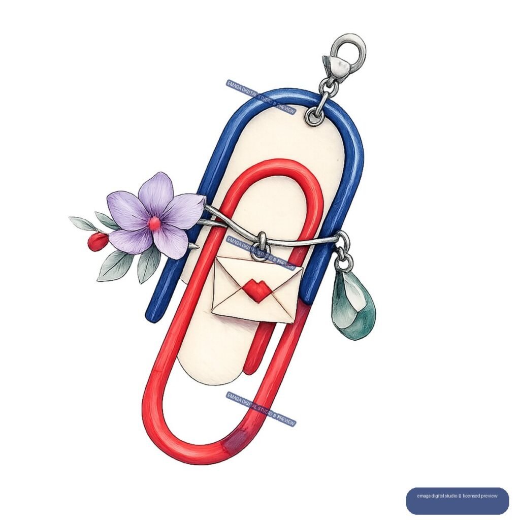 Watercolor-style illustration of a large red and blue paperclip with a heart-sealed envelope, lavender flower, and teal charm.