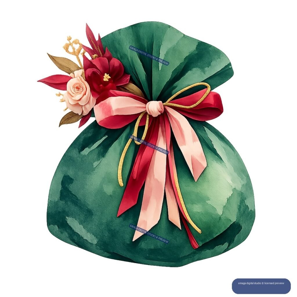 Watercolor illustration of an emerald-green gift bundle tied with pink and burgundy ribbons and topped with roses, red flowers, and leaves.