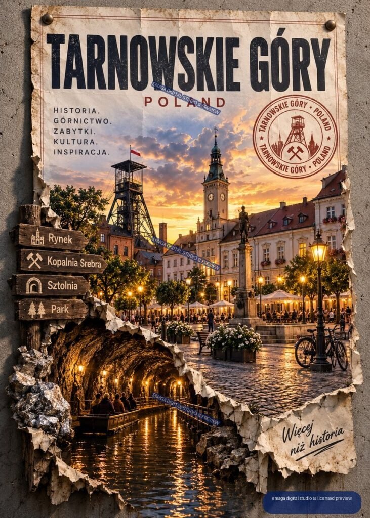 Travel poster for Tarnowskie Góry, Poland, showing a sunset market square, clock tower, mining headframe, directional signs, and an underground mine boat scene.