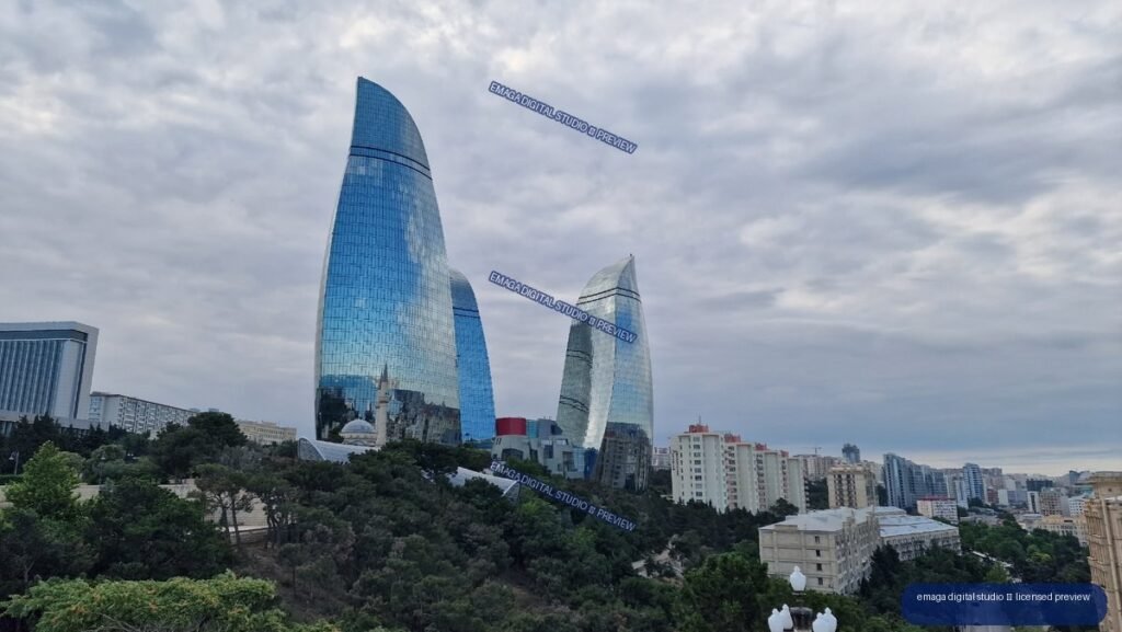 Curved Glass Skyscrapers Above Baku, Azerbaijan Cityscape