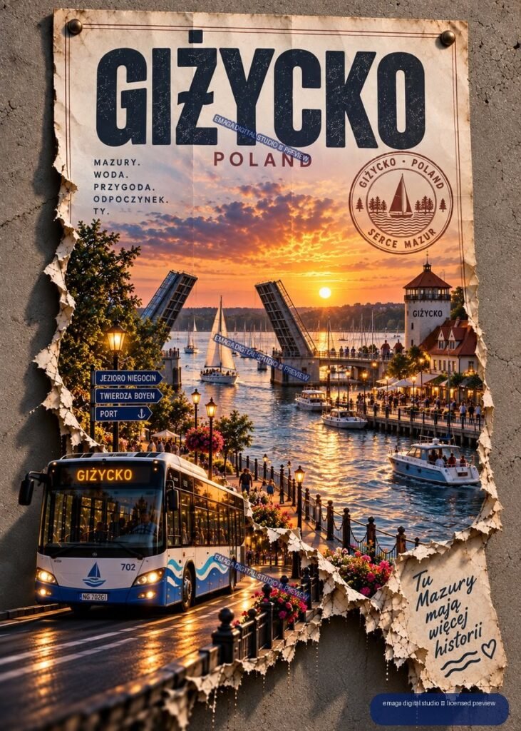 Vintage-style Giżycko Poland travel poster showing a sunset marina, sailboats, drawbridge, lighthouse, waterfront promenade, and city bus.