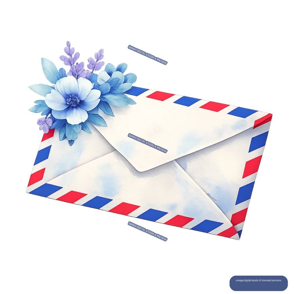 Blue and lavender flowers arranged on an open white envelope with red and blue airmail stripes.