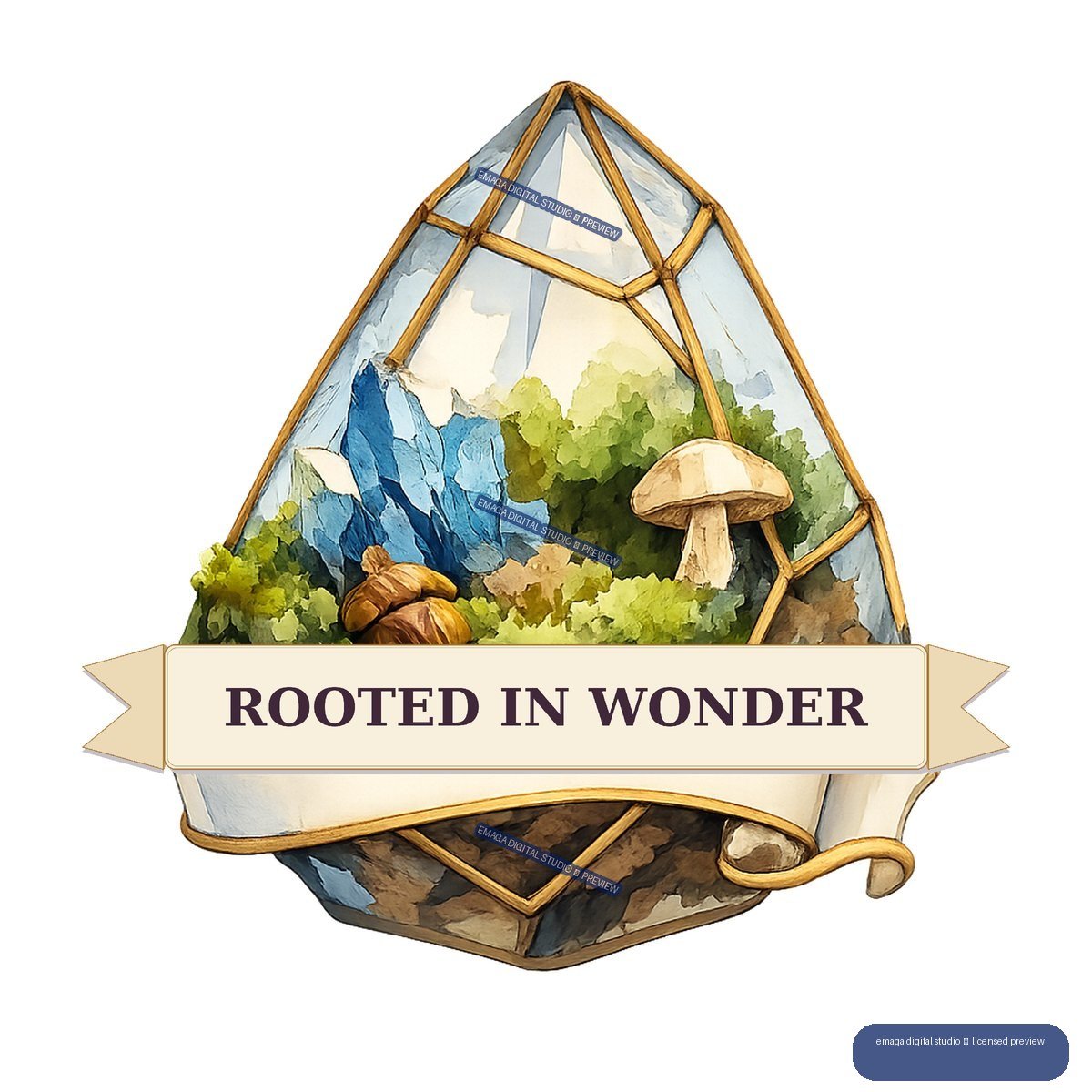 Watercolor woodland terrarium emblem with blue mountains, green plants, a mushroom, and a banner reading ROOTED IN WONDER.