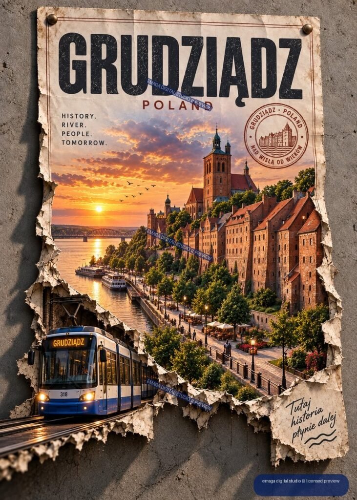 Vintage-style Grudziądz Poland travel poster showing a sunset riverside cityscape, historic buildings, boats, bridge, and tram.