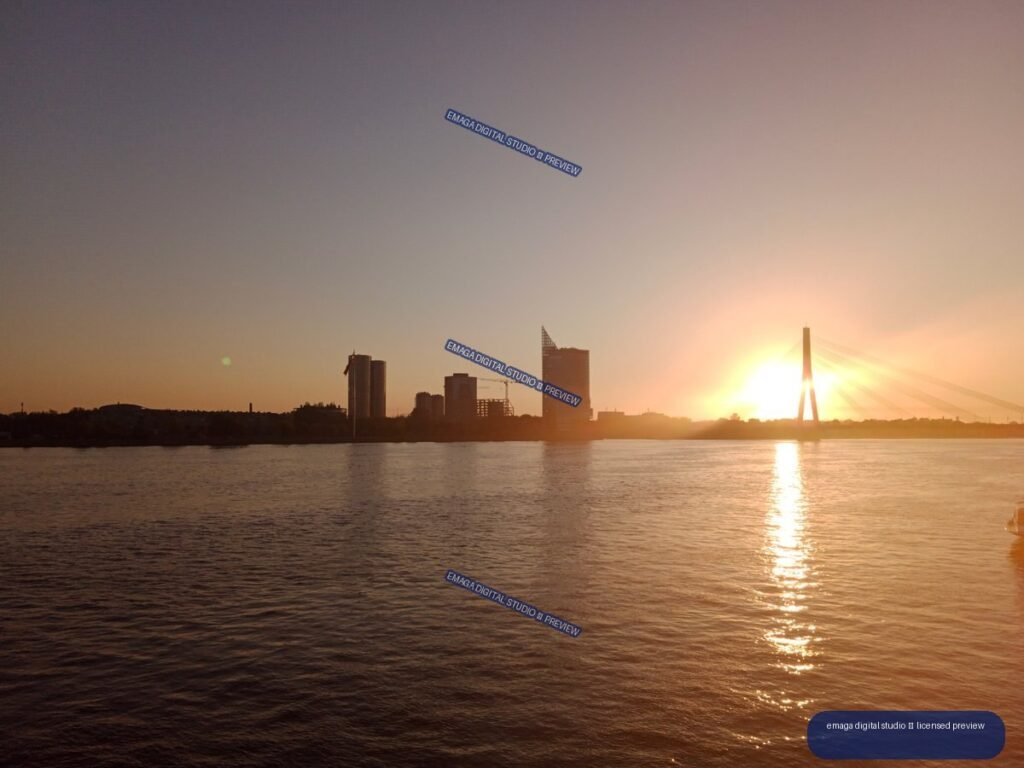 Sunset over the river and skyline of Riga, Latvia