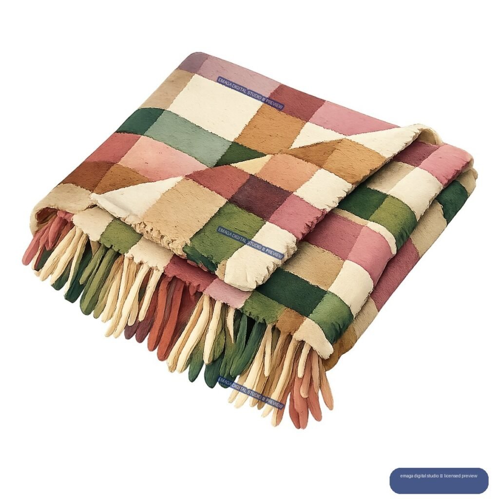 Folded multicolored patchwork throw blanket with long fringe