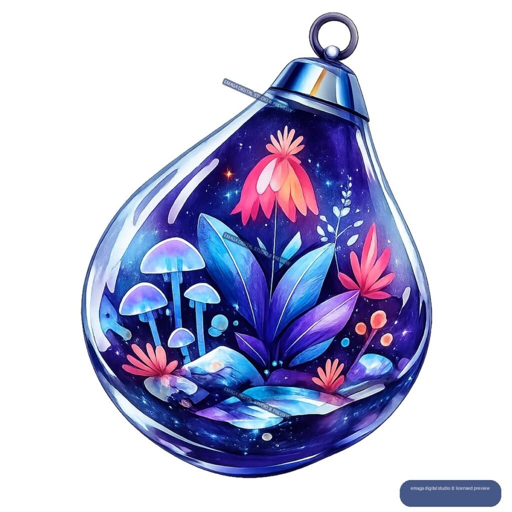 A blue glass hanging terrarium filled with colorful flowers, mushrooms, leaves, stones, and star-like specks.