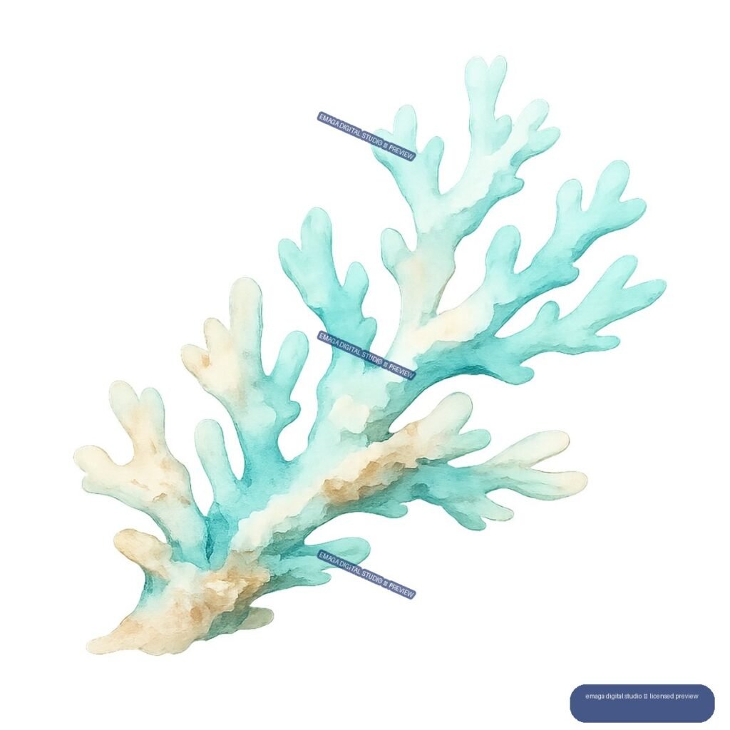 Watercolor illustration of branching turquoise and cream coral extending diagonally across an isolated transparent composition.