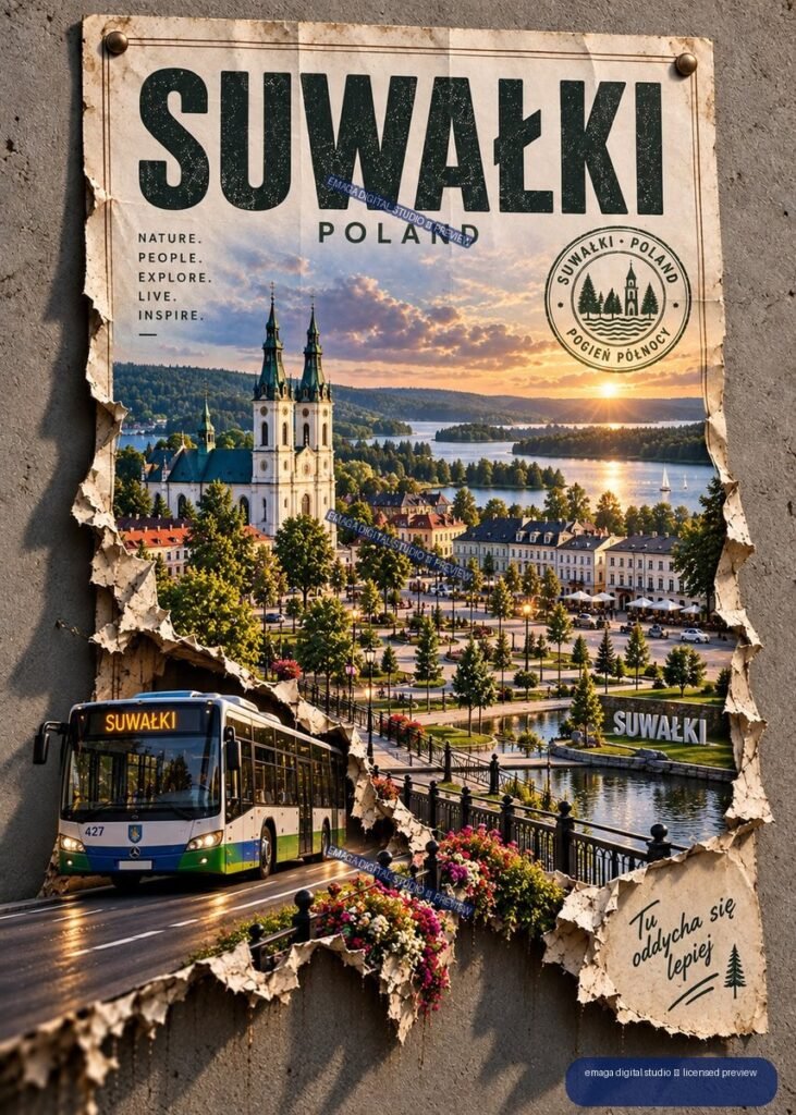 Vintage-style Suwałki Poland travel poster showing a church, lakes, waterfront buildings, sunset, flowering planters, and a city bus.
