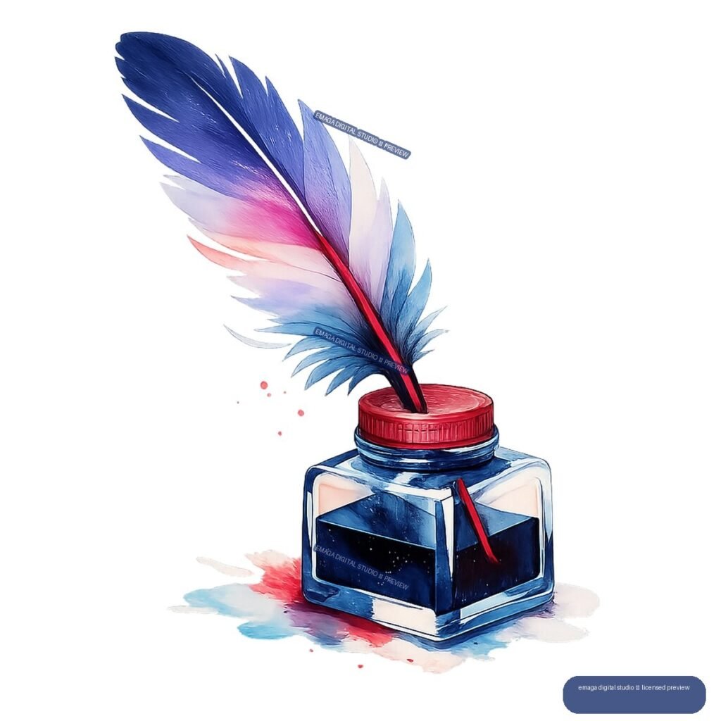 Colorful feather quill in a square blue ink jar with paint splashes beneath.