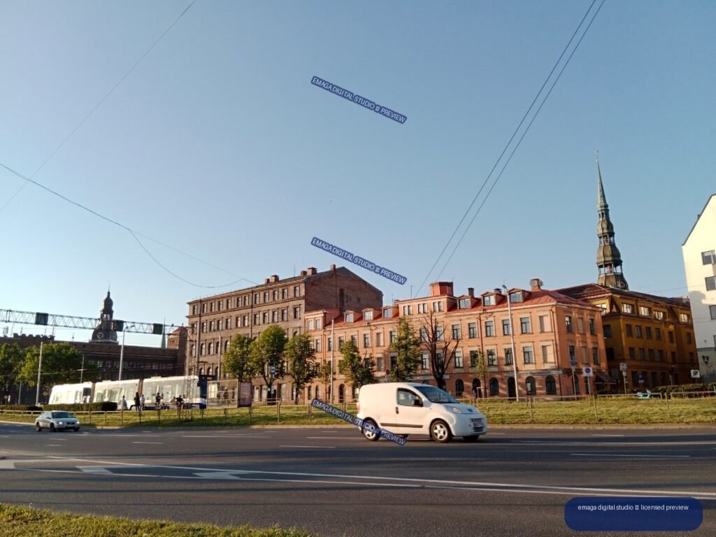 Urban street view with historic buildings in Riga, Latvia